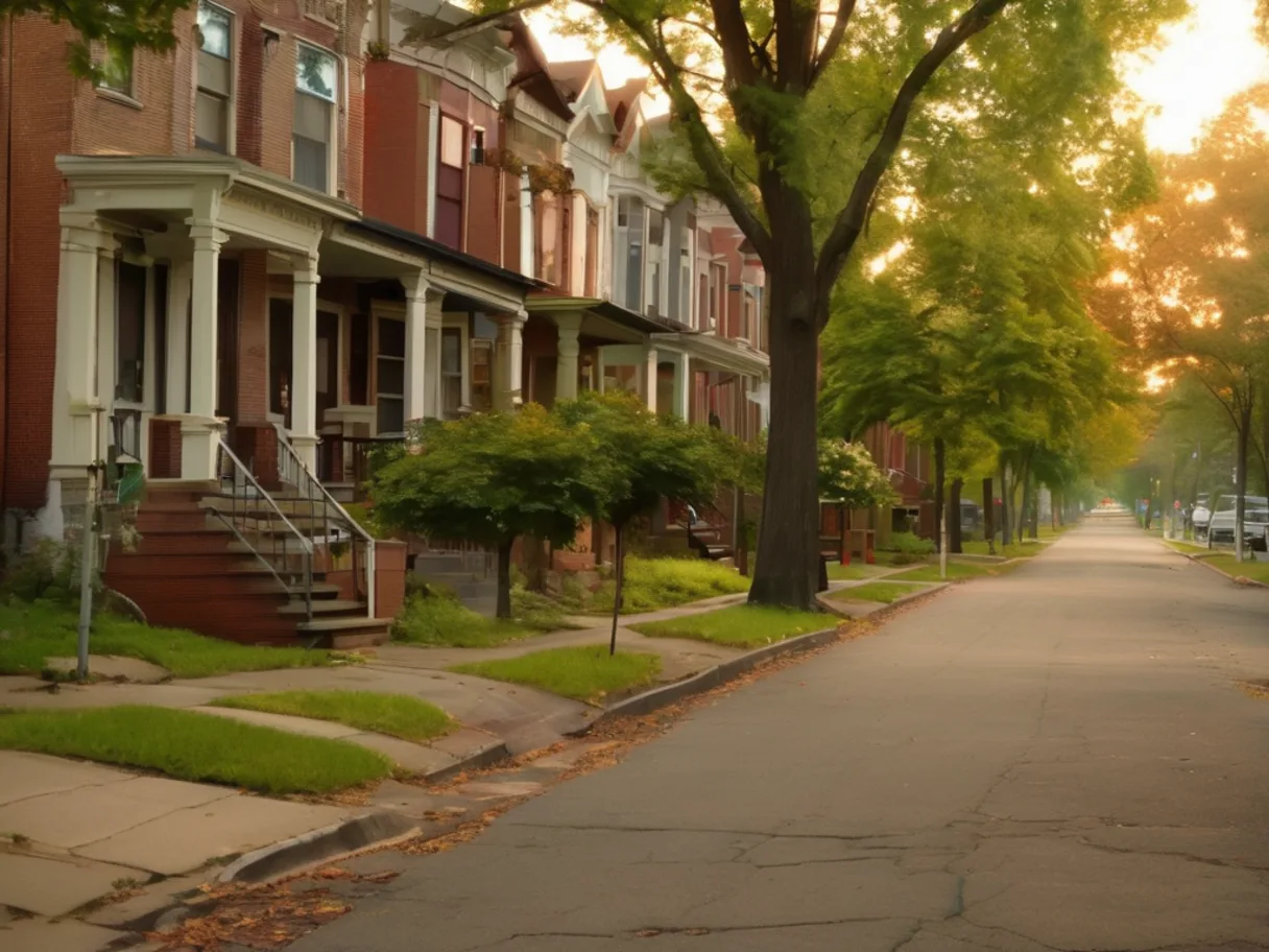 A quiet neighborhood street with brick row houses, front porches, sidewalks, and mature trees in warm late-afternoon light.